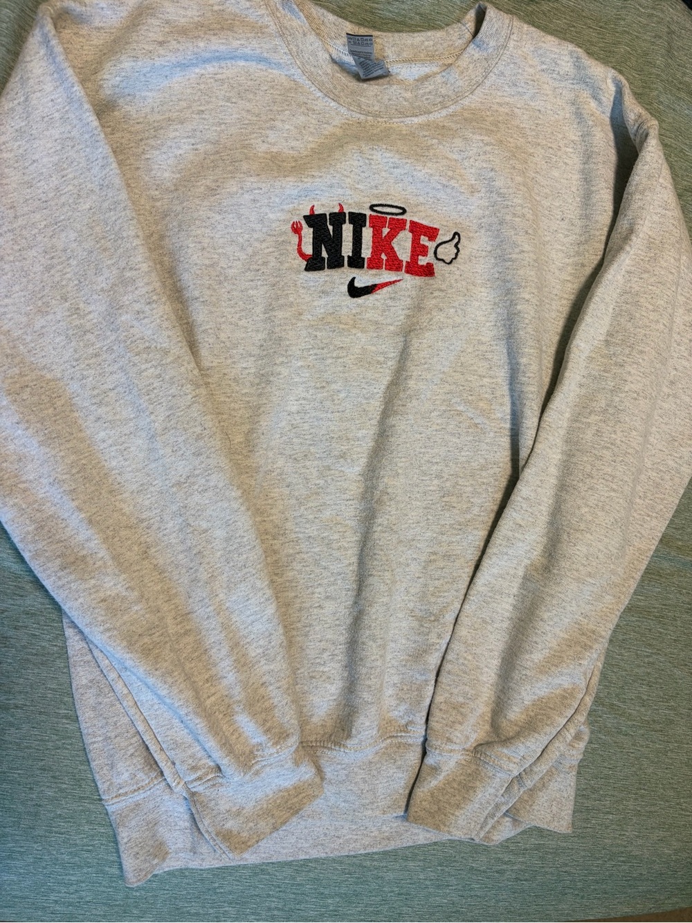 Nike Light Gray Crewneck Sweatshirt with Red & Black Logo